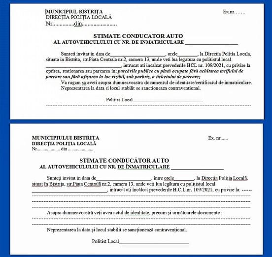Ar putea fi o imagine cu text care spune „BISTRIȚA DIRECȚIA POLIȚIA LOCALĂ STIMAT TE CONDUCATOR AUTO AUTOVEHICULULUI CU NR. INMATRICULARE Sunteti invitat situata in data Centrala camera orele oprirea, stationarea sau pacarea parcare afişarea rugam aveti asupra Neprezentareal data locul stabilit prevederile publice płată sub parις tichetului documentul sanctioneaza Directia Politia Locala, local privire achitarea arifului ATCATE; de inmatriculare. MUNICIPIULUI BISTRITA LOCALA ............... din Ex. nr...... STIMATE CONDUCĂTORAUT AUTO AUTOVEHICULULUI CU INMATRICULARE situat Sunteți invitat data Bistrița, str.Piața Centrală între orele camera 13, unde 'et1 legătura prevederile Directia Poliția Locală, polițistul local 09/2021, Asupra dumneavoastră veți avea actul privire identitate, precum data locul următoarele documente: PolitistLocal contravențional.”