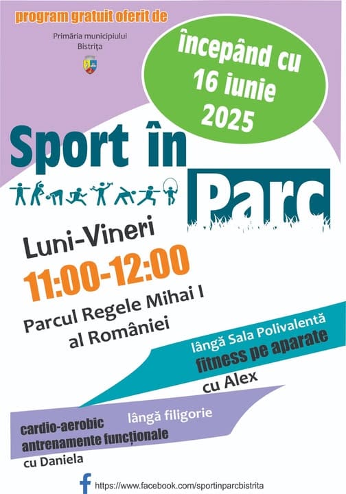 Ar putea fi o imagine cu text care spune „program gratuit oferit programgratuitoferitde de Primăria imăriamunicipiului municipiului Bistrița 小費 & începând cu 16 iunie Sport în 2025 大パーカルズペオト 大ド Parc 11:00-12:00 Luni-Vineri Vineri Parcul Regele Mihai! I al României lângă Sala Polivalentă fitness pe aparate cu Alex lângă filigorie antrenamente cardio-aerobic funcționale cu Daniela f https/ww.wacboo.o/o/mp”